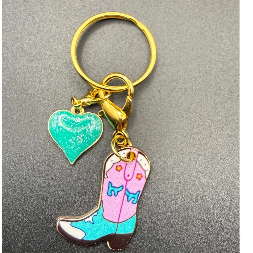 Cowgirl Boot Heart‎ Keychain Western Country Pink Turquoise Gold Charm